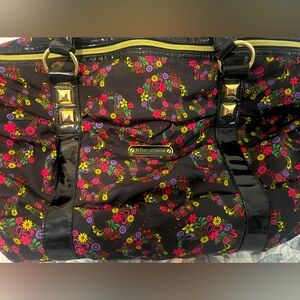 Extreamly Rare HTF Betsey Johnson Black and colorful floral skull studded duffle